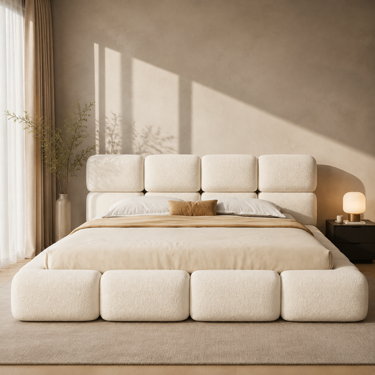 Polsterbett, Doppelbett, 200 x 200 cm, hydraulisch verstellbares Bett, Wolkenbett, Stauraumbett, Bubble-Design, mit Lattenrost, Kopfteil und großem Stauraum, gepolstertes Kopfteil, weißer Schlingenveloursstoff. – Bild 3