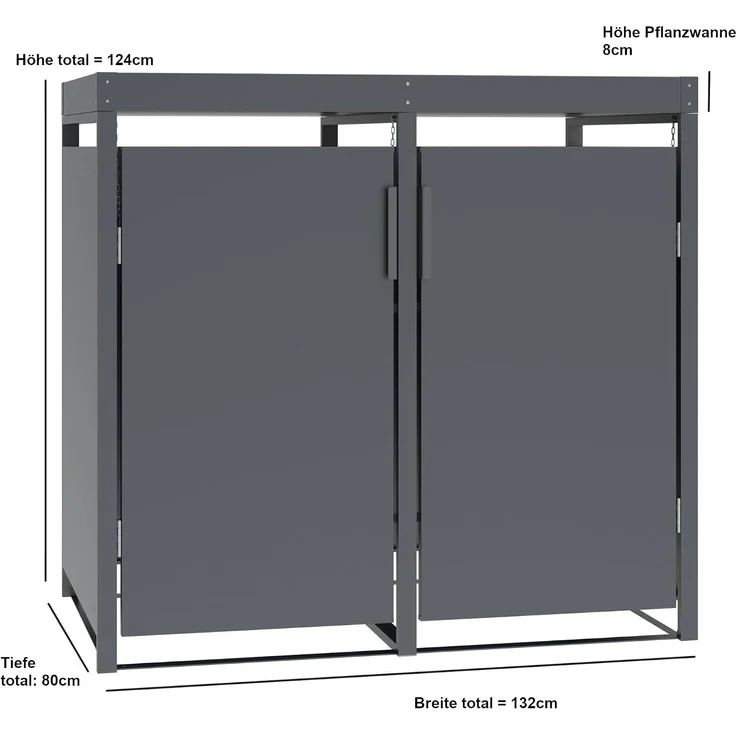 DEGAMO ULM Mülltonnenbox mit Pflanzwanne 2-er, Stahl verzinkt, anthrazit, 132x80x124cm für 2x Tonnen bis 240 Liter – Bild 9