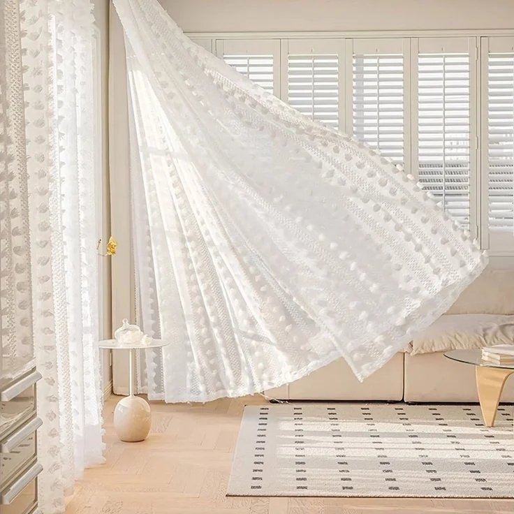 BTTO V&G Gardine Vorhänge mit Pompom-Quasten (2 St), halbtransparent, mit Pompom-Quasten – Bild 1