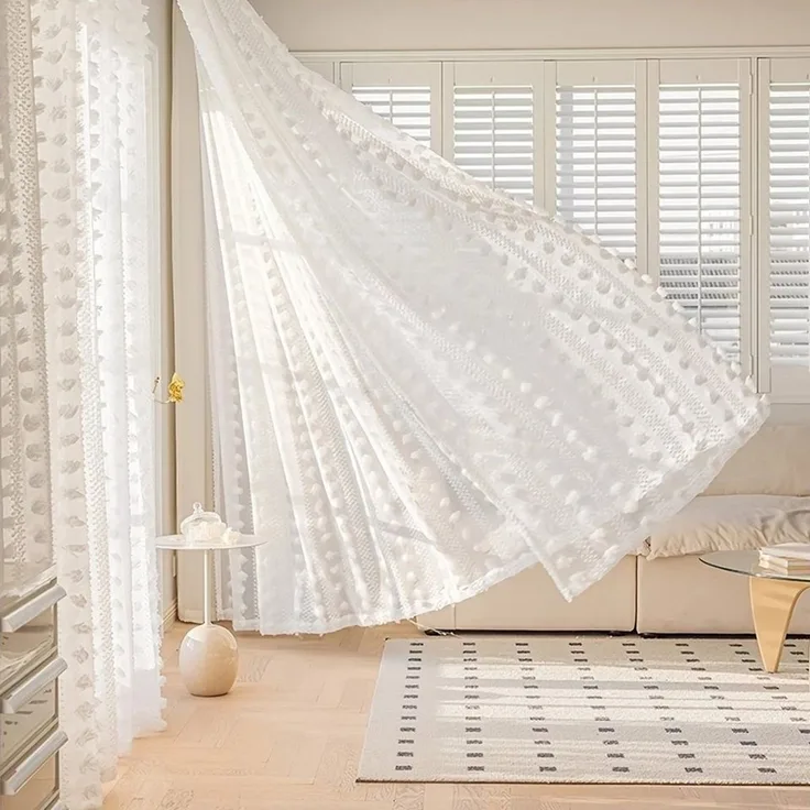 BTTO V&G Gardine Vorhänge mit Pompom-Quasten (2 St), halbtransparent, mit Pompom-Quasten