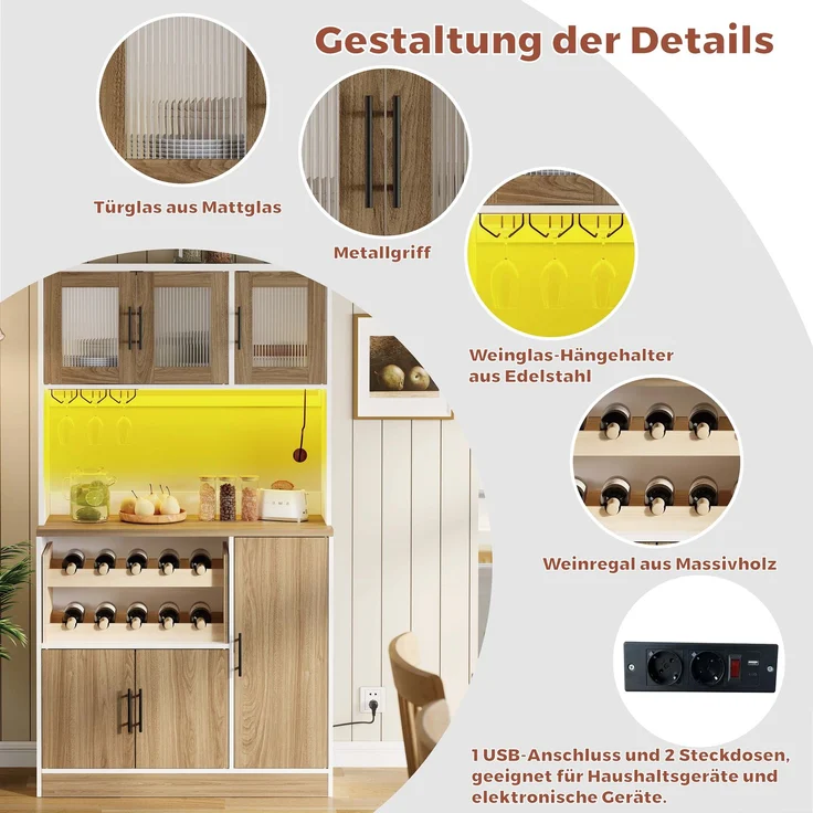 ZUBALIYA Buffetschrank 100 x 40 x 180 cm – Riffelglasfronten, RGB-LED mit Fernbedienung, 2 Steckdosen und USB, Weinregal für 10 Flaschen, MDF, Weiß, Sonoma-Eiche-Optik – Bild 6