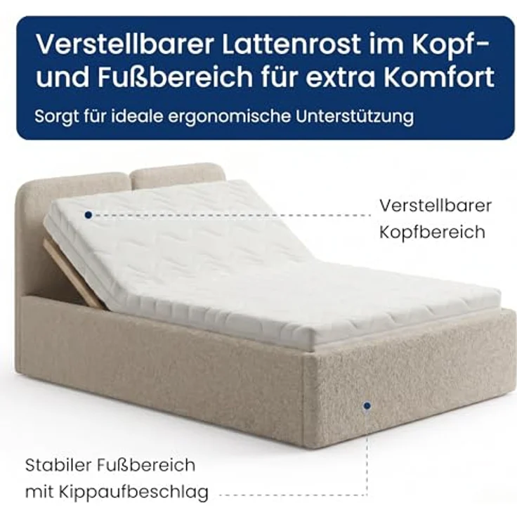 Home Collective Polsterbett mit Stauraum, verstellbarem Lattenrost, Bouclé-Stoff in Creme, viele Größen (100x200 bis 200x200), wählbare Matratze Federkern oder Kaltschaum – Bild 5
