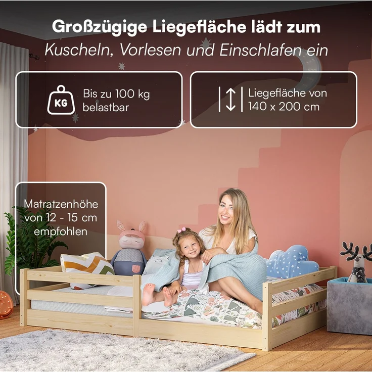 Bellabino 'Iskri' Bodenbett 140x200 cm, natur, Massivholz Kiefer, Montessori Kinderbett mit Rausfallschutz und Lattenrost – Bild 5
