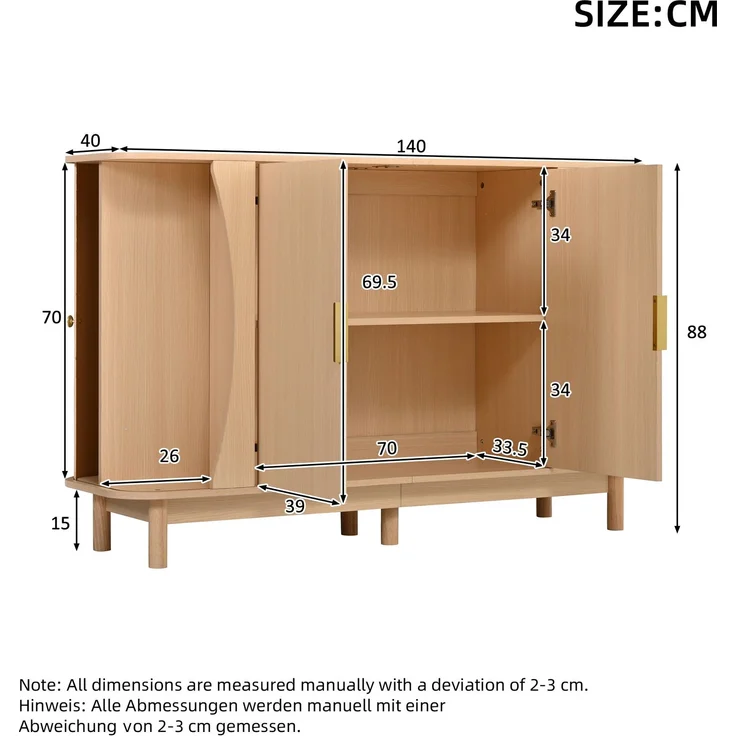 DESVIAE Sideboard Naturfarben aus MDF – 140x88x40 cm – 2 Rollotüren, verstellbarer Einlegeboden – Bild 10