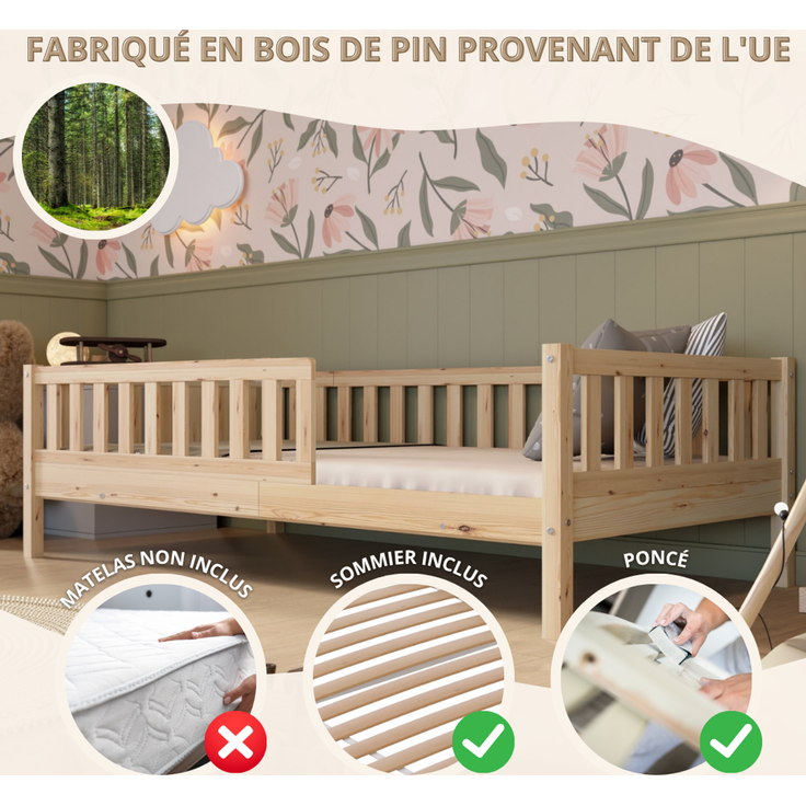 Crazy Pine 'Crazy Basic' Kinderbett mit Rausfallschutz, Skandinavisches Design, Holz, Natur, 90x200 cm, ohne Ausstattung – Bild 4