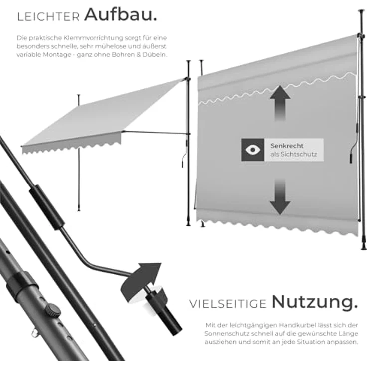 tectake® Klemmmarkise mit Handkurbel, Balkon Markise ohne Bohren, Markise höhenverstellbar, UV-beständig, wasserabweisend, Terrassenüberdachung, Sonnenschutz Terrasse & Balkon, Breite 300 cm -hellgrau – Bild 4