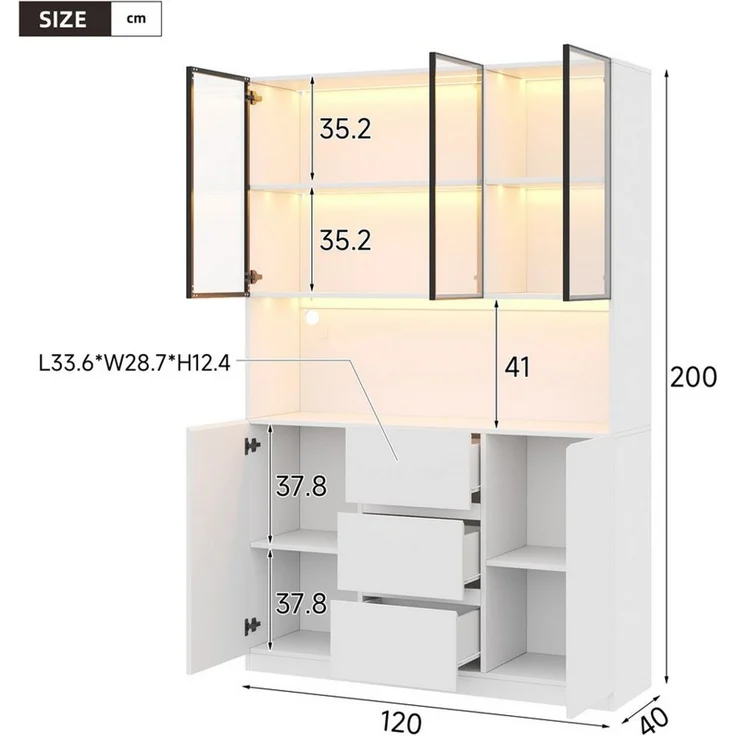 Celya Glasvitrine 120×40×200 cm, mit offenen Regalen undLED-beleuchtete (mit 3 Schubladen und 5 Türen) Ideal für Esszimmer, Wohnzimmer, Küche oder Arbeitszimmer – Bild 2