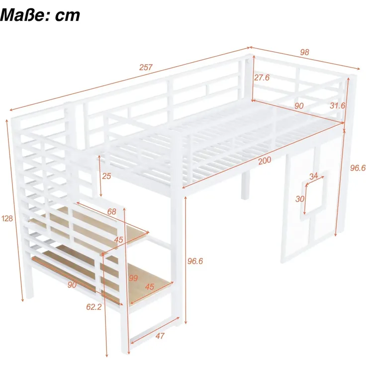 Hochbett mit LED-Streifen, Lattenrost, Rausfallschutz und Fenstern, Treppe mit Regal, 90x200 cm, Einzelbett, Kinderbett, Metall – Bild 5