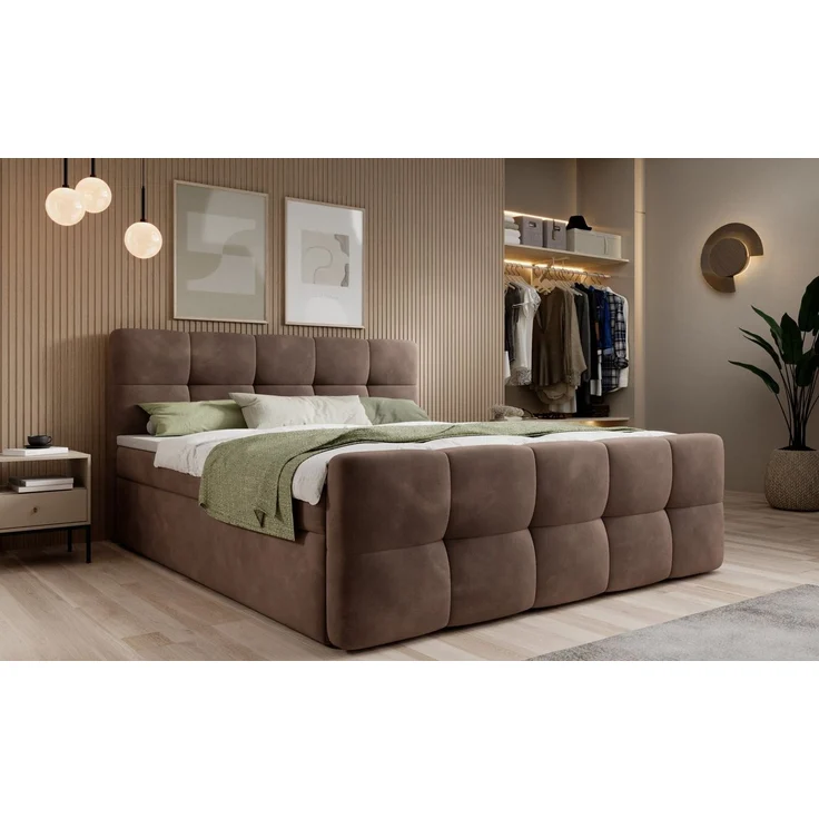 thematys Boxbett mit Bettkasten 160x200cm, mit Bonnellfederkernmatratze H3, Bouclé/Velours, mit Stauraum, mit 3 cm Topper, Taupe (Velluto 29), Art.-Nr. S04GH0RGJZY – Bild 1