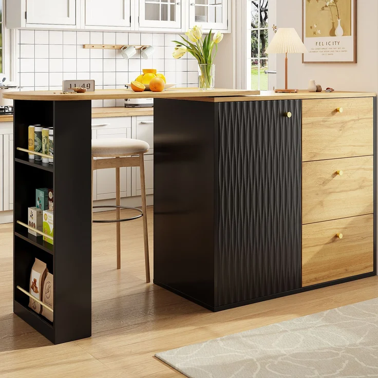 Ausziehbarer Bartisch 138–204×39×104 cm, 360° Dreh- und Ausziehfunktion, Wellendekor-Türen, 3 Schubladen, 3-stufiges Seitenregal, 104cmx138-204cmx39cm, Schwarz – Bild 2