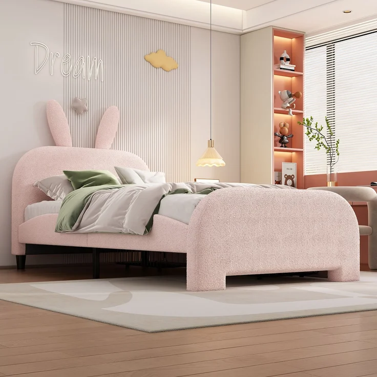 Kinderbett 90x200 Rosa mit Kaninchen-Kopfteil und 2 Schubladen,Gepolstertes Bett aus Lammwolle und MDF, Cartoon Bunny Design – Bild 3