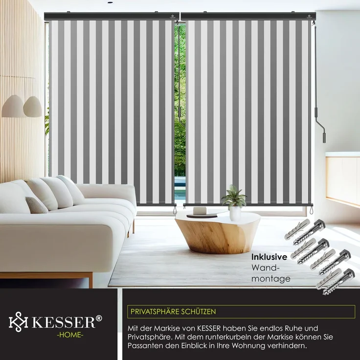 KESSER® Senkrechtmarkise Außenrollo Handkurbelmechanismus Balkonrollo Sonnen & Sichtschutz Beschattung Sonnenschutz Außen Rollo mit Kurbel Markisenkasten Balkon & Terrasse Inkl. Montageset & Abdeckung Grau / Weiß, 160 x 250cm – Bild 5