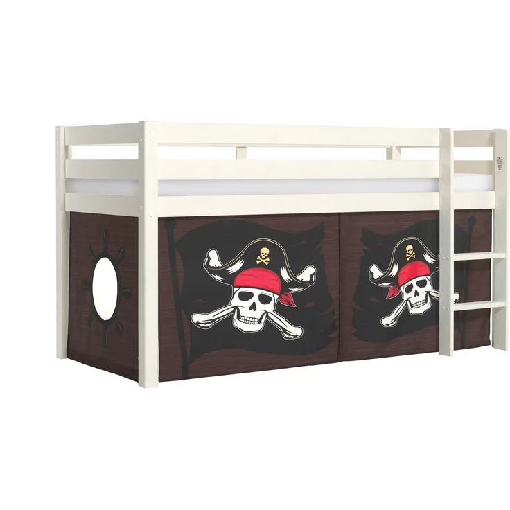 Vipack 'Pino' Halbhochbett 90x200 cm, weiß, Kiefer massiv, mit Textilset 'Caribian Pirate'