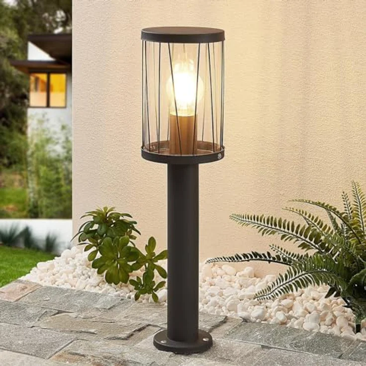 Lindby Außenleuchte Yonan, spritzwassergeschützt in Schwarz, Edelstahl, 1-flammig, E27, Wegeleuchte Pollerleuchte Sockelleuchte – Bild 2