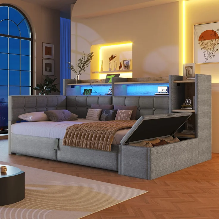 Tagesbett, Daybett, Schlafsofa, 90 × 200 cm, mit hydraulischer Lagerung, USB- und Typ-C-Anschlüssen, Ablagefach, Stauraumbank am Fußende, LED-Lichtleiste, Ohne Matratze, Velvet, Dunkelgrau – Bild 4