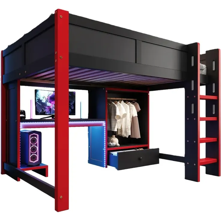 Hochbett mit Schreibtisch, LED-Streifen, Kleiderschrank, PC-Ständer, Leiter, Schubladen, Rausfallschutz, 140x200cm, Kinderbett – Bild 7