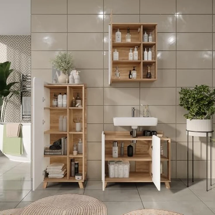 Vichy Badmöbelset Karen, 3-teilig, Waschbeckenunterschrank und Spiegelschrank, Sonoma/Weiss – Bild 7