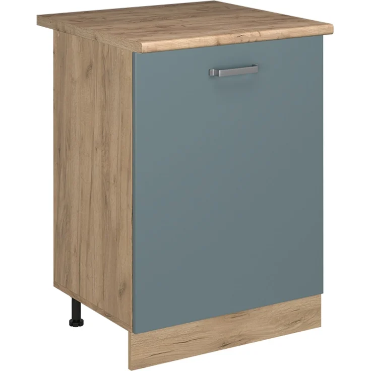 Küchenunterschrank R-Line Blau-Grau/Goldkraft Eiche 60 cm mit 1 Tür Arbeitsplatte Goldkraft Eiche Vicco – Bild 1