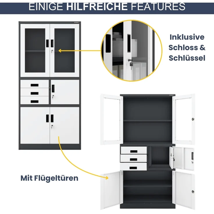 Vitrinenschrank abschließbar GEDO - mit Tresor & Schubladen| Büroschrank aus Stahl Aktenschrank mit Glasfenster Metallschrank Mehrzweckschrank, 185x90x40cm Anthrazit-Weiß – Bild 5