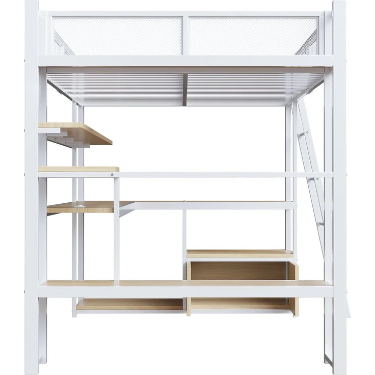 Hochbett mit Eckschreibtisch, LED-Streifen, PC-Ständer, Steckdose, USB, Rausfallschutz, Regal, Schrank, 140x200cm, Kinderbett, Jugendbett, Metallbett – Bild 8