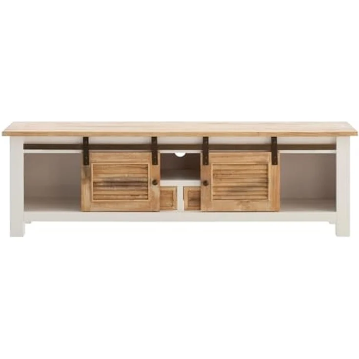 Rustikales TV-Lowboard Capera aus Massivholz Pinie 180 cm weiß braun mit Schiebetüren und Schubkästen - massivum – Bild 3