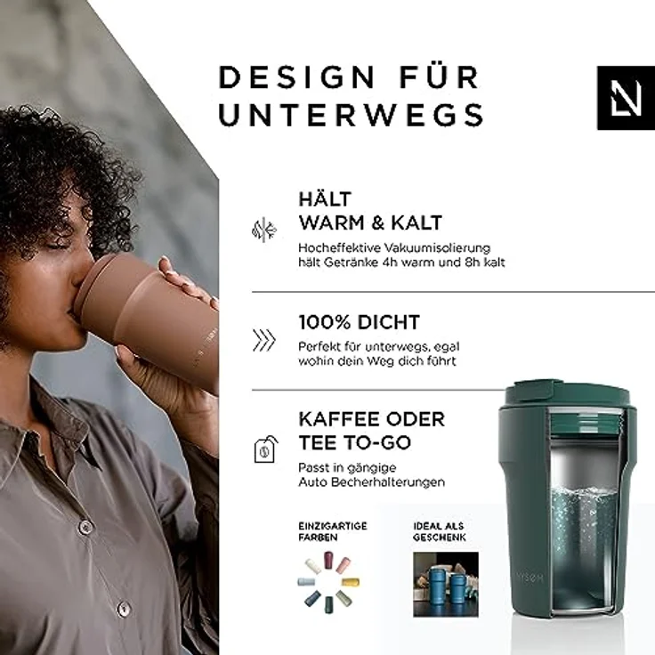 LARS NYSØM Thermo Kaffeebecher to go 380ml | Travel Mug 0,38 Liter mit Isolierung | Auslaufsicherer Edelstahl Thermobecher für Kaffee und Tee unterwegs | Teebecher (Pine Green, 380ml) – Bild 2