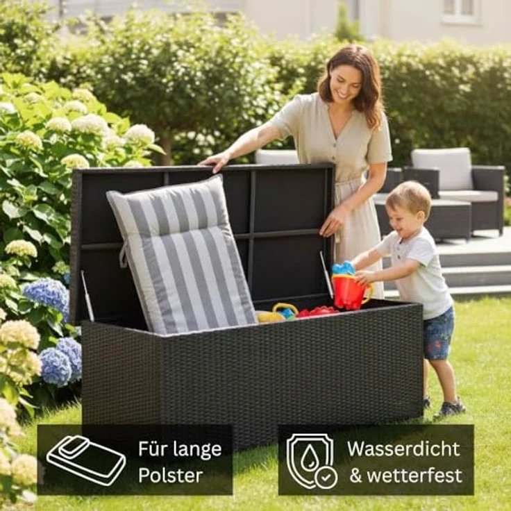RS Trade 'Sienna' XL Kissenbox mit Doppel-Hubautomatik und Innenverkleidung, ca. 650 Liter, Polyrattan grau-silber, 60 x 73 x 155 cm – Bild 3