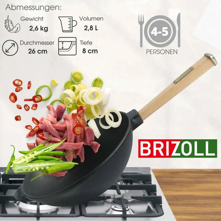 Wok Bratpfanne Ø26 cm 2,8 L aus Gusseisen mit Holzgriff Glasdeckel Asia Wokpfanne Induktion Pfannenwender – Bild 6