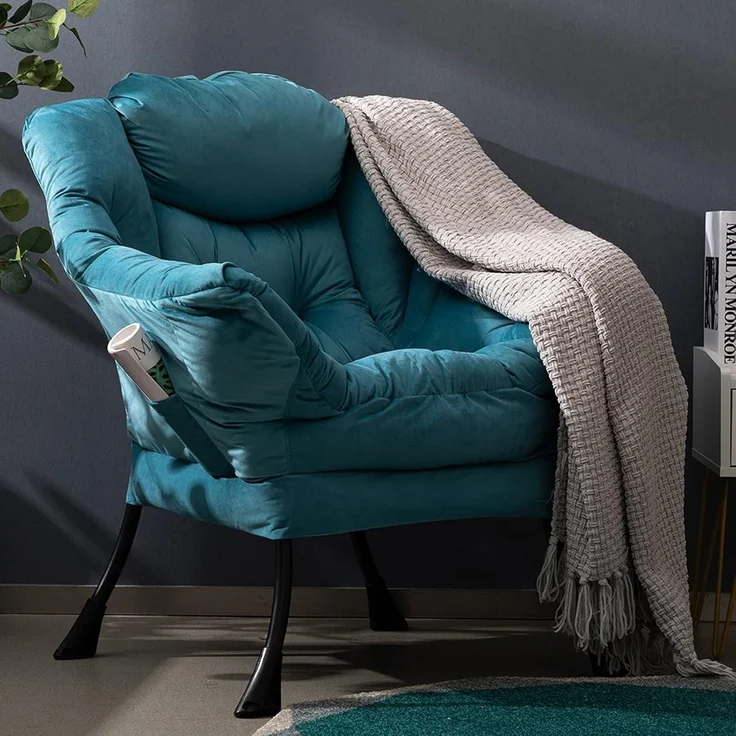 Ohrensessel Samt Relaxsessel Lesesessel Stahlrahmen Blauer See – Bild 5