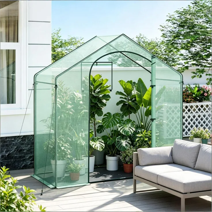 Wohnora-Chic Gewächshaus,Terrasse Gewächshaus,Gewächshaus mit Roll-Up Bogen Reißverschlusstür,Pflanze Winterzelt,Gewächshaus im Freien,H 200cm x T 200cm x B 80cm,Grün