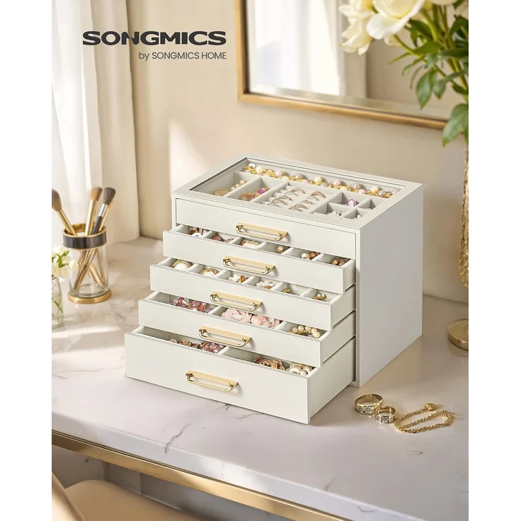 SONGMICS Schmuckkästchen aus Holz mit Glasdeckel, Schmuck Organizer mit 5 Ebenen, 24 x 17,2 x 18,4 cm, Cremeweiß – Bild 2