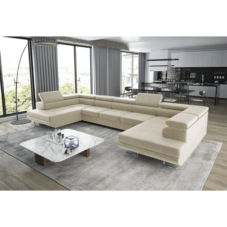 thematys Ecksofa Aston U 403 x 203 cm, mit Schlaffunktion, mit Bettkasten, mit verstellbaren Kopfstützen, Beige (Monolith 02), Ausrichtung 390 cm|350 cm – Bild 3