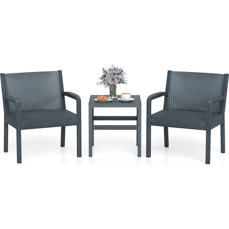 3tlg. Rattan Gartenmöbel Set Wetterfestes Balkonmöbel Balkonset inkl. 2 Stühle mit Tisch Grau