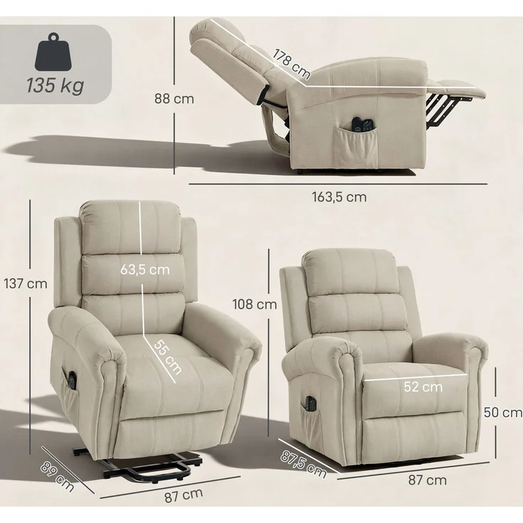 MELAYR, Massagesessel mit Aufstehhilfe, Relaxsessel, Vibrationsköpfe, mit Neigefunktion, 87.5 x 87 x 108 cm, Beige – Bild 5