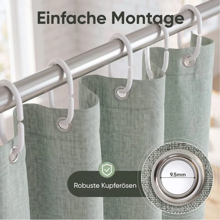 Sekey Duschvorhang Leinenoptik Textil Duschvorhang Waschbar Badewannenvorh inkl. Haken Breite 90 cm (Packung, inkl. 8 Ringe), wasserabweisend, Wannenvorhang, Beschwerter Saum, 90x180 cm Grün – Bild 4