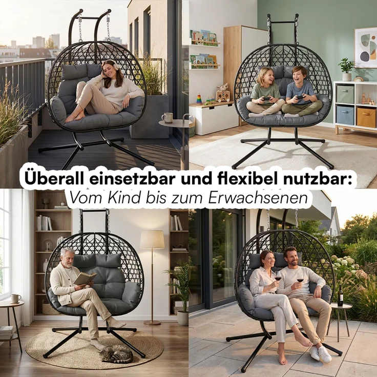 STEELSØN 'Sarin' Doppelhängesessel mit Metallgestell, höhenverstellbar und faltbar, wetterfest, Polyrattan, dunkelgrau/schwarz, bis 220 kg belastbar, inkl. Kissen – Bild 11