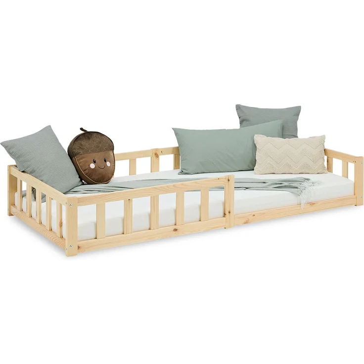 Kinderbett 90x200 Bodenbett mit Rausfallschutz Montessori Bett Kleinkindbett Holz Kiefer Natur Massiv Einzelbett Lattenrost Bettgestell – Bild 1