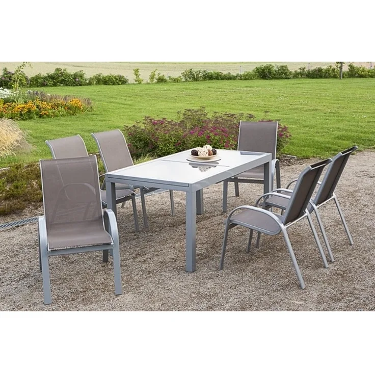 merxx Gartenmöbelset Essgruppe Amalfi Set 6 Personen, Stapelsesse & 140(200)x90 cm, taupe