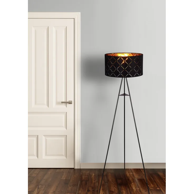 Stehlampe, Textil, schwarz-gold,Stativ Gestell, SUNNA