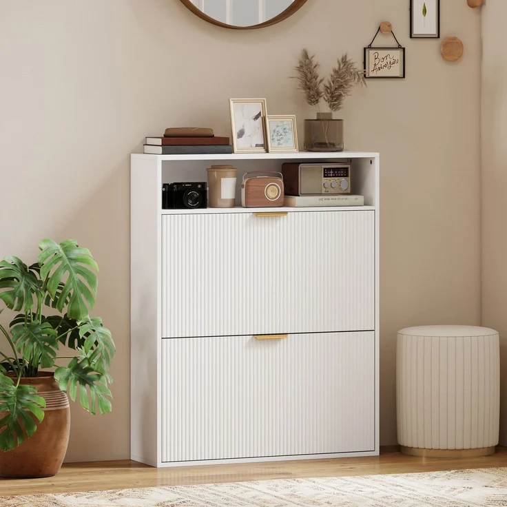 Schmaler Schuhschrank mit 2 Klappfächern und Ablagefläche für Flur und Eingangsbereich, Weiß--Weiß--102.5x24x80cm--YOUDENOVA – Bild 4