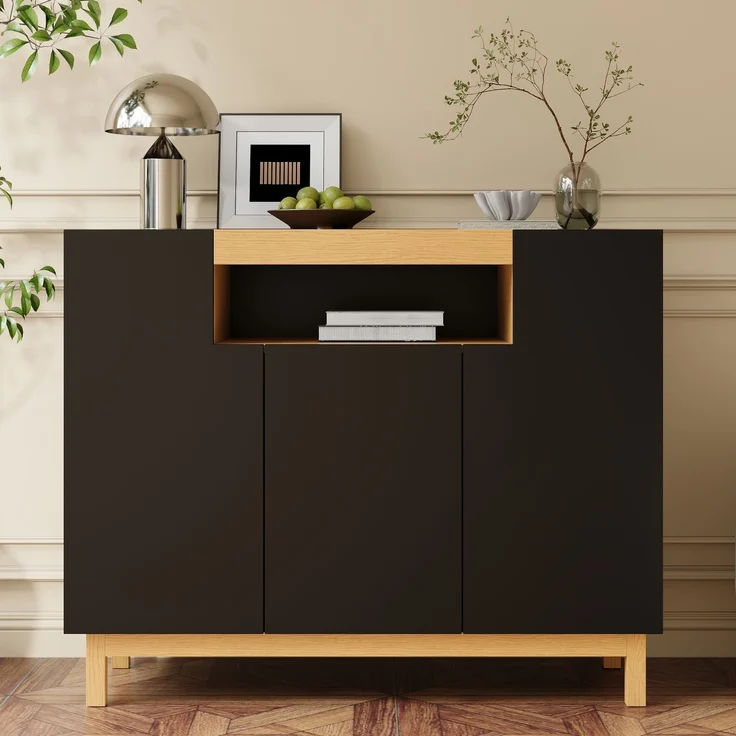 Merax Sideboard, Drei Türen, Geeignet für Wohn- und Esszimmer, Multifunktionales Aufbewahrungsmöbel, Schwarz – Bild 1