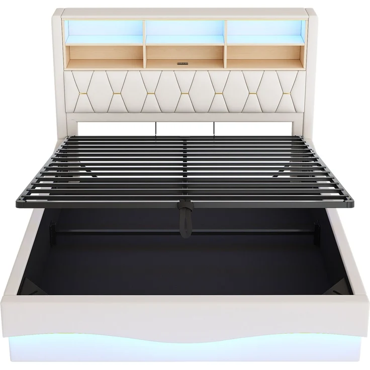 Merax Polsterbett, 180×200cm Doppelbett, mit hydraulischem Stauraum APP-gesteuertes LED-Lichtband USB-Ladeanschluss Metall-Lattenrost, Leinenpolsterung, Beige – Bild 9