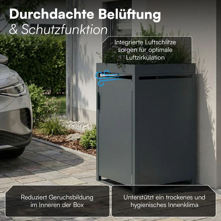 STEELSØN 'Thoria' Mülltonnenbox 1er je 120 Liter, anthrazit, Mülltonnenverkleidung aus Stahl, wetterfest, 111x62x60,5 cm, Müllbox mit Pflanzendach für 1 Tonne – Bild 6