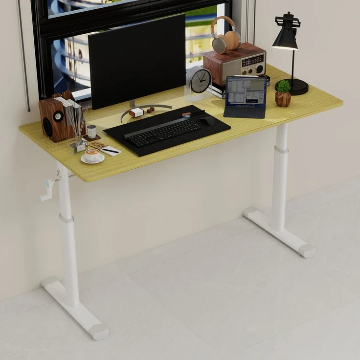 Schreibtisch höhenverstellbar mit Handkurbel, Holzoptik, Metallgestell – Bild 1