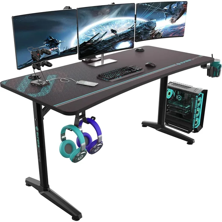 EUREKA ERGONOMIC Gaming Tisch Groß Gaming Schreibtisch 152 × 70cm Gamer Tisch mit Getränkehalter und Kopfhörerhalter USB-Ladegerät Schwarz