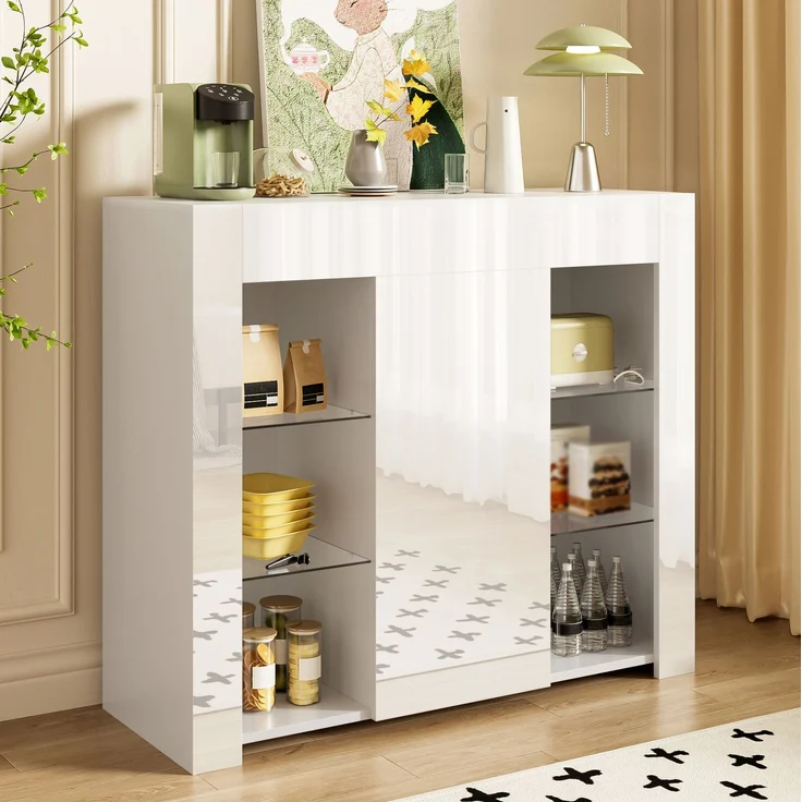 DESVIAE Sideboard mit Glaseinlegeböden und Tür 95x83x35 cm Spanplatte Weiß – Bild 2