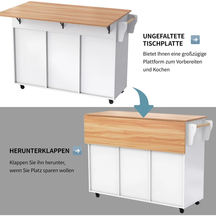 Merax 129*46(71)*91,5cm Küchenwagen Esstischwagen /Anrichte mit Klapptischplatte, Inneneinlegeböden in den Schranktüren, Kücheninsel auf 5 Rädern mit Stauschränken und 2 Schubladen, für das Esszimmer, weiß – Bild 7