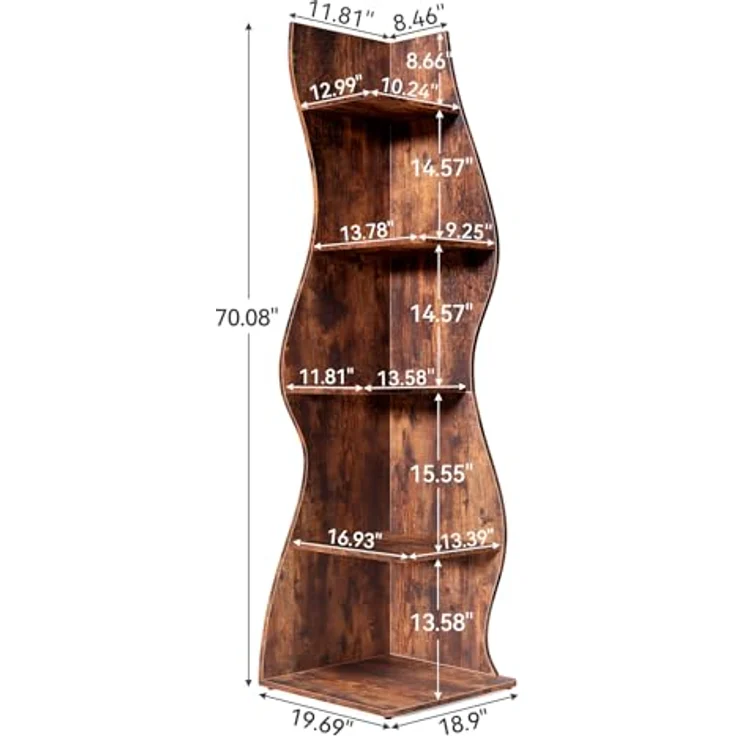LITTLE TREE Bücherregal Ecke, Modernes Regal Schmal mit 6 Ebenen, 50 x 48 x 179 cm Bücherregal Holz, Standregal mit Wellen-Design für Kleine Räume, Wohnzimmer & Schlafzimmer, Rustikal, 1er Pack – Bild 4