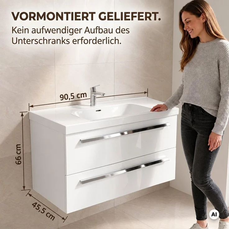 BADEDU TESSANO Waschbecken mit Unterschrank 90 cm breit, Weiß, Waschbecken Keramik Weiß – Bild 2