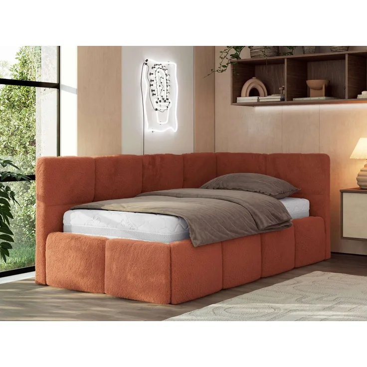 Jugendbett 90x200 ARVO Polsterbett mit Bettkasten, Stauraum & Gasdruckfeder, Modernes Design mit Kopfteil, Foam Matratze - Orange Plüsch - MIRO LUX - Rechts Seite
